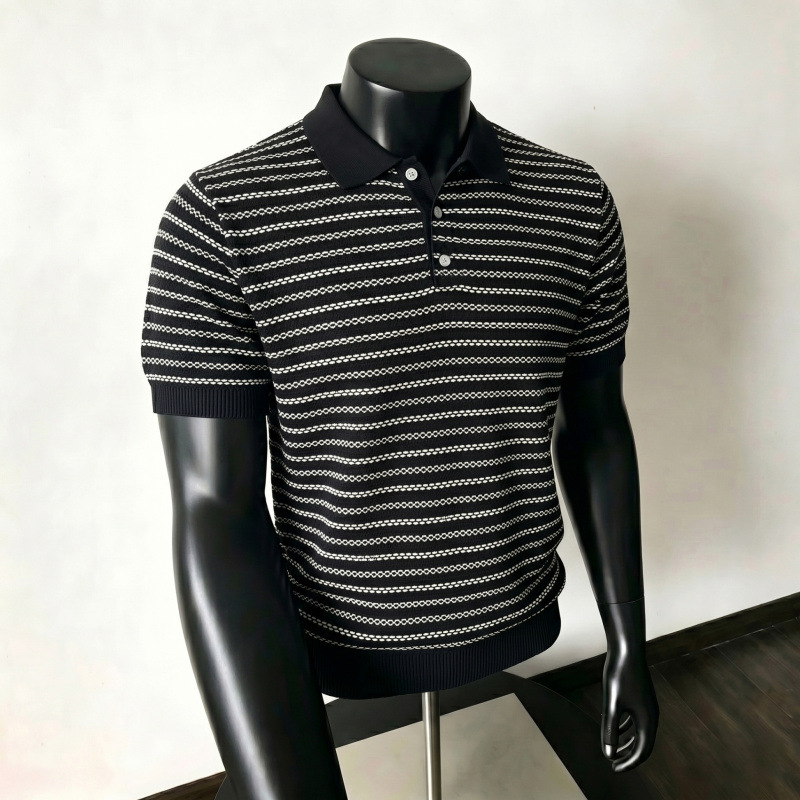 Ice silk cool knitted sweater for men, high-end lapel striped short-sleeved summer fashion casual belt Paul