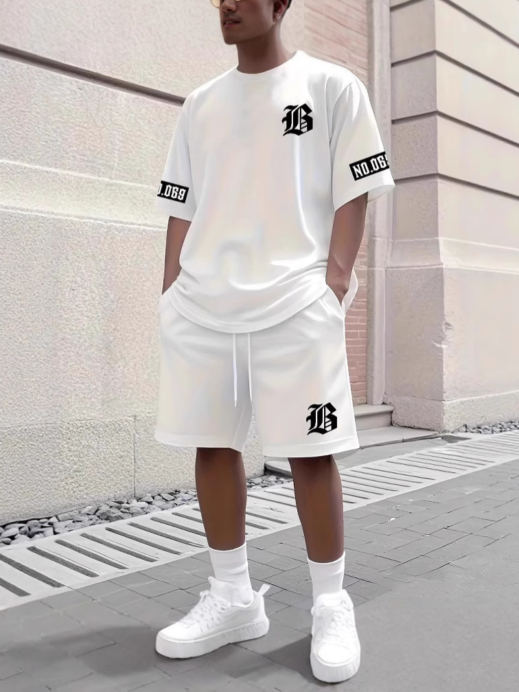 Cross-border European and American new fashion men's shorts short-sleeved T-shirt casual sportswear Los Angeles letter T-shirt suit