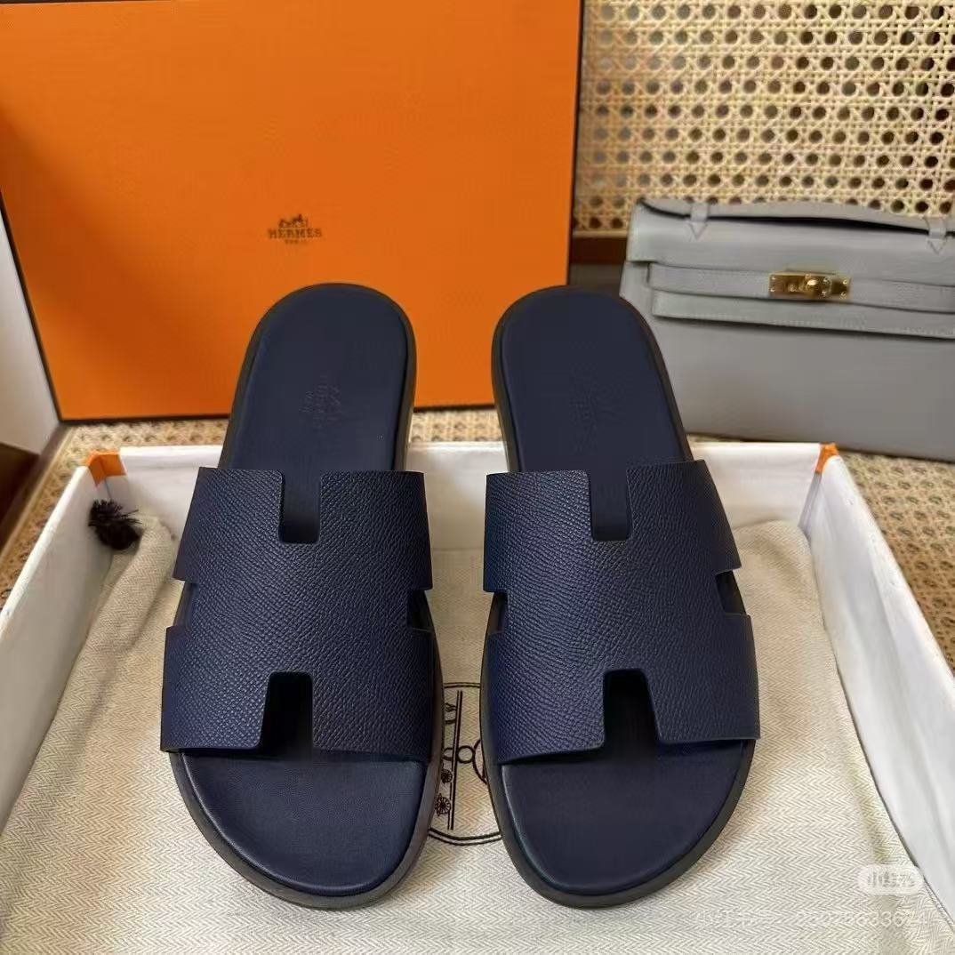 Foreign trade h slippers European top layer genuine leather men's summer outer flat bottom hot style 2025 summer h slippers European and American new style flip flops